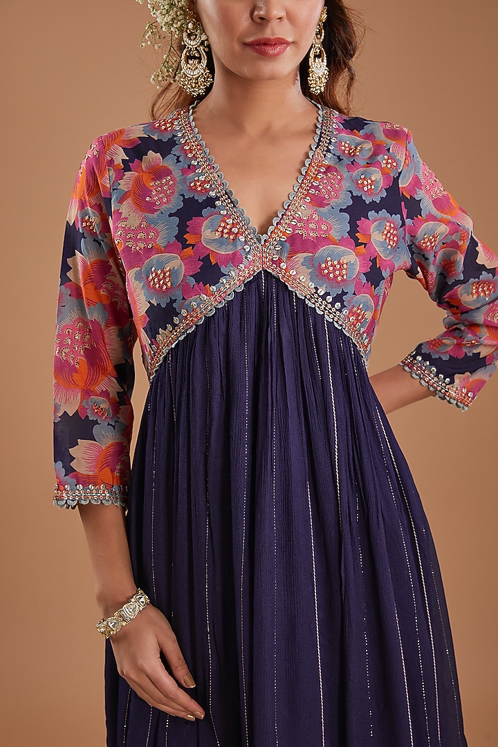 Indigo Chanderi Floral Printed & Sequins Embroidered Kurta Set by Ivory by dipika at Pernia's Pop Up Shop