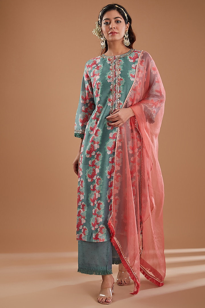 Aqua Chanderi Floral Printed & Sequins Embroidered Straight Kurta Set by Ivory by dipika