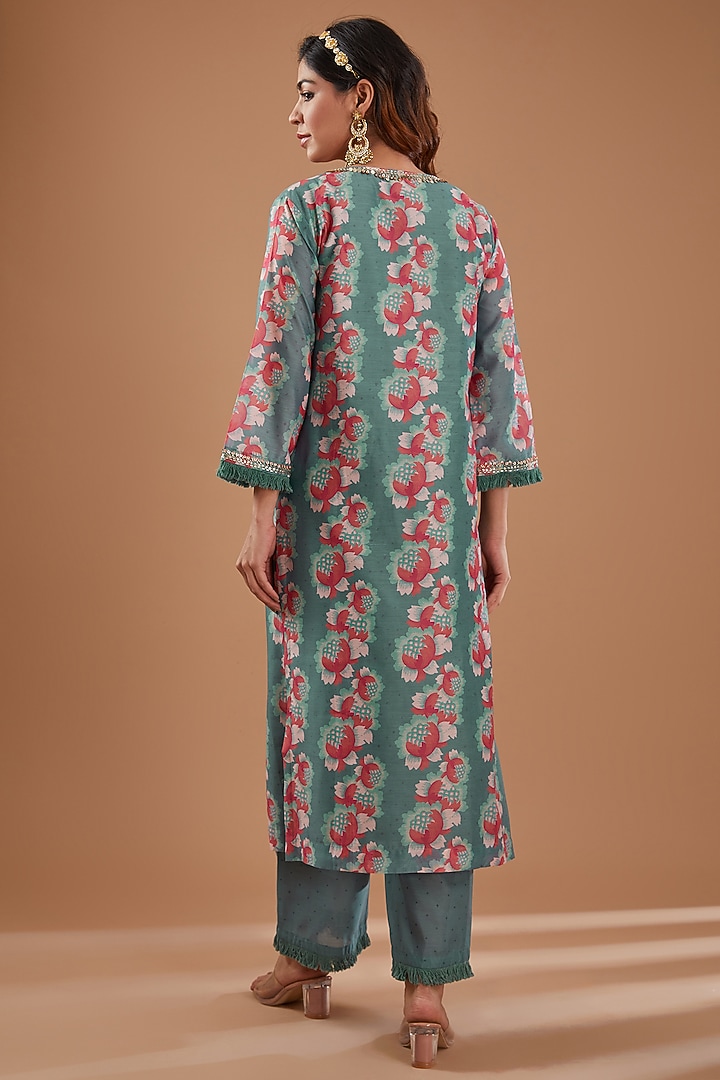 Aqua Chanderi Floral Printed & Sequins Embroidered Straight Kurta Set by Ivory by dipika at Pernia's Pop Up Shop