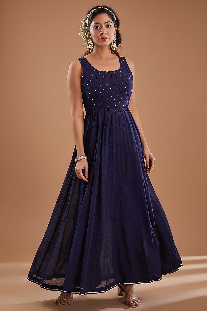 Indigo Khadi Cotton Jacket Party Wear Anarkali Set by Ivory by dipika at Pernia's Pop Up Shop