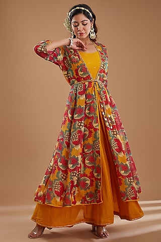 Mustard Khadi Cotton Jacket Anarkali Set by Ivory by dipika