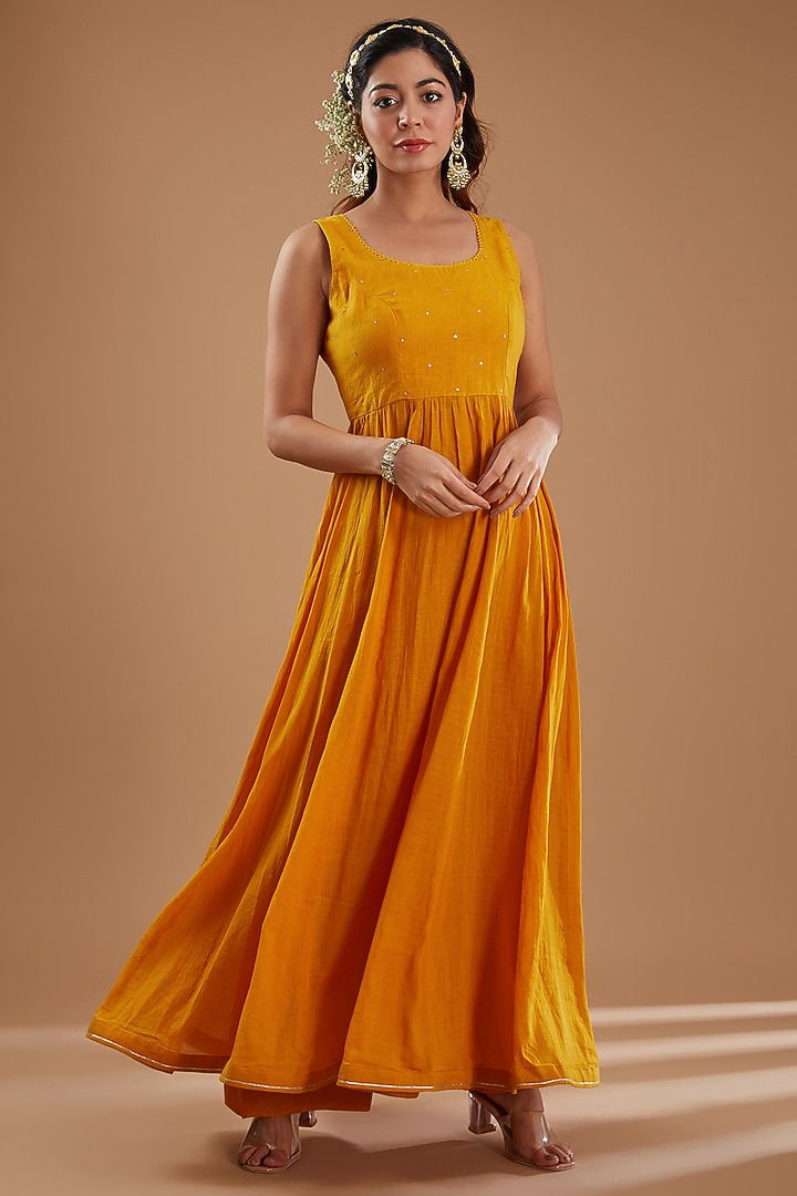 Mustard Khadi Cotton Jacket Party Wear Anarkali Set by Ivory by dipika at Pernia's Pop Up Shop