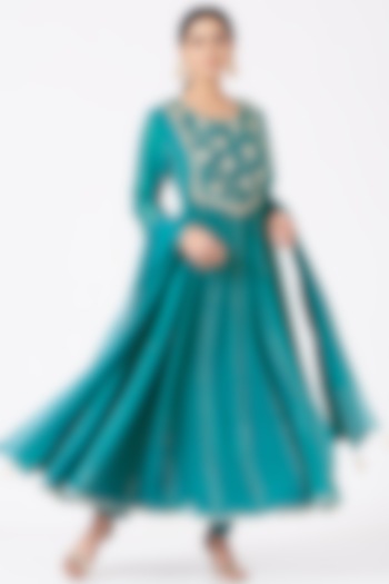 Turquoise Embroidered Anarkali Set by Ivory by dipika