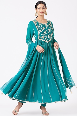 Turquoise Embroidered Anarkali Set by Ivory by dipika