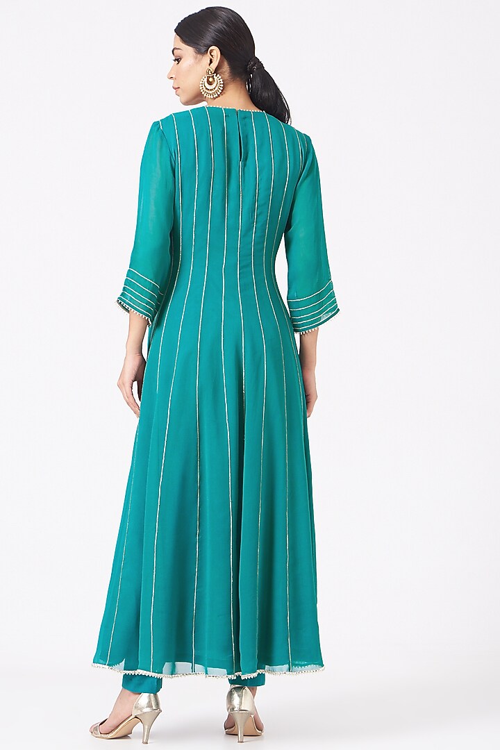 Turquoise Embroidered Party Wear Anarkali Set by Ivory by dipika at Pernia's Pop Up Shop