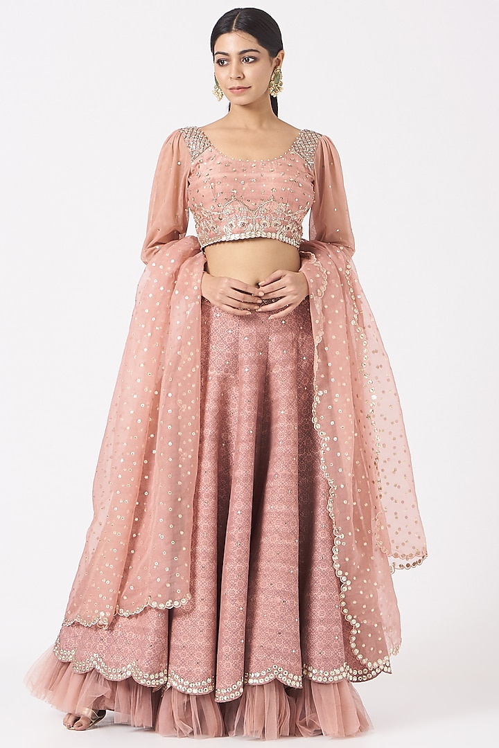 Rose Pink Embroidered & Printed Lehenga Set by Ivory by dipika