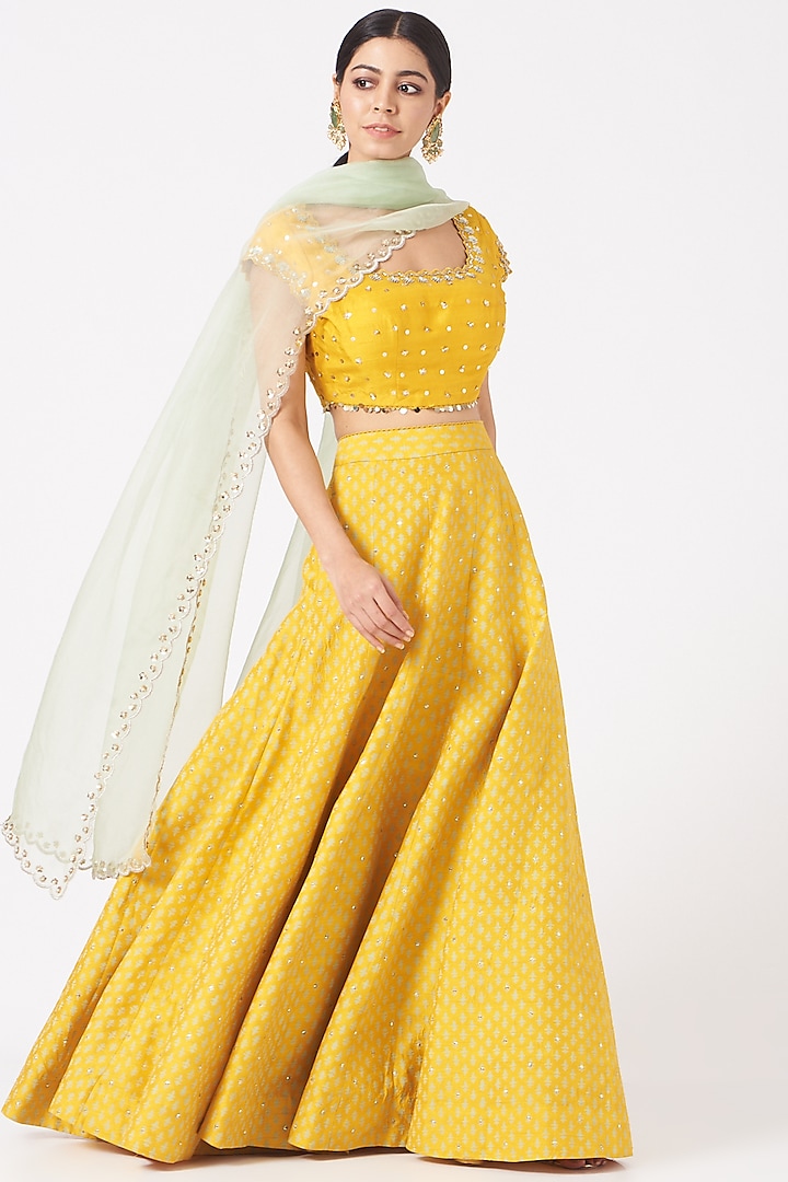 Mustard Sequins Embroidered Lehenga Set by Ivory by dipika