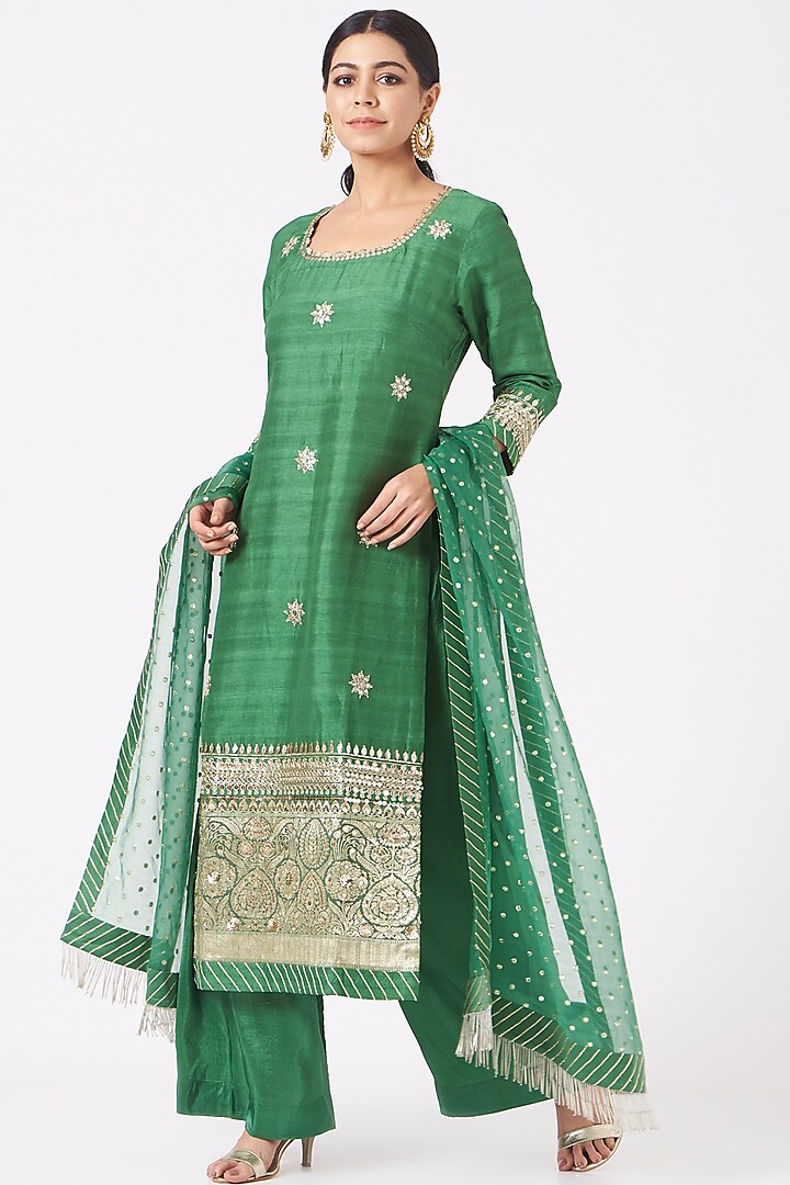 Fern Green Sequins Embroidered Kurta Set by Ivory by dipika