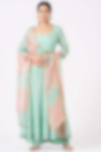 Aqua Mirror Embroidered Anarkali Set by Ivory by dipika
