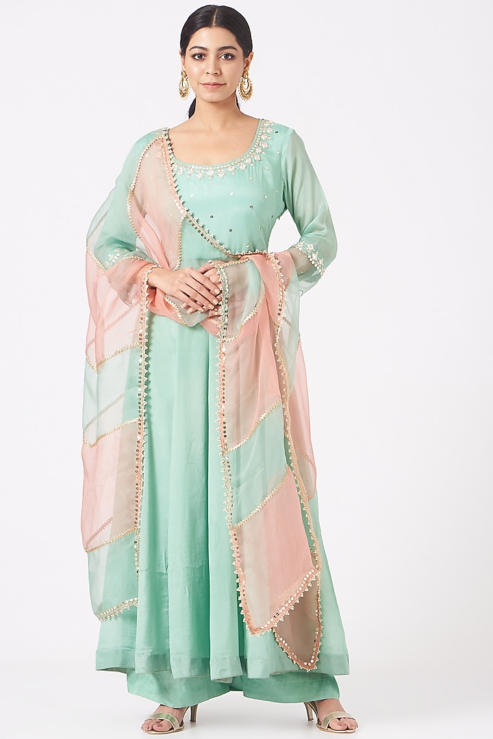 Aqua Mirror Embroidered Anarkali Set by Ivory by dipika