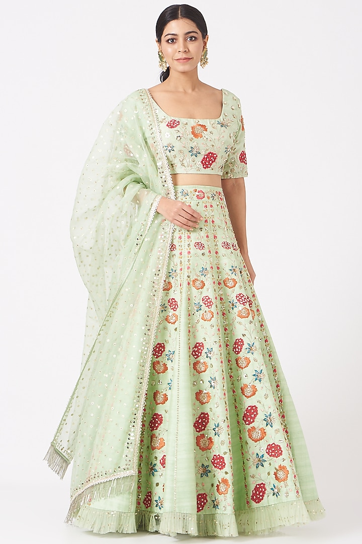 Mint Floral Embroidered Kalidar Lehenga Set by Ivory by dipika