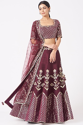 Plum Embroidered Kalidar Lehenga Set by Ivory by dipika