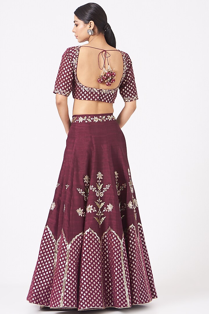 Plum Embroidered Kalidar Wedding Lehenga Set by Ivory by dipika at Pernia's Pop Up Shop