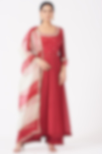 Cherry Red Mirror Embroidered Anarkali Set by Ivory by dipika
