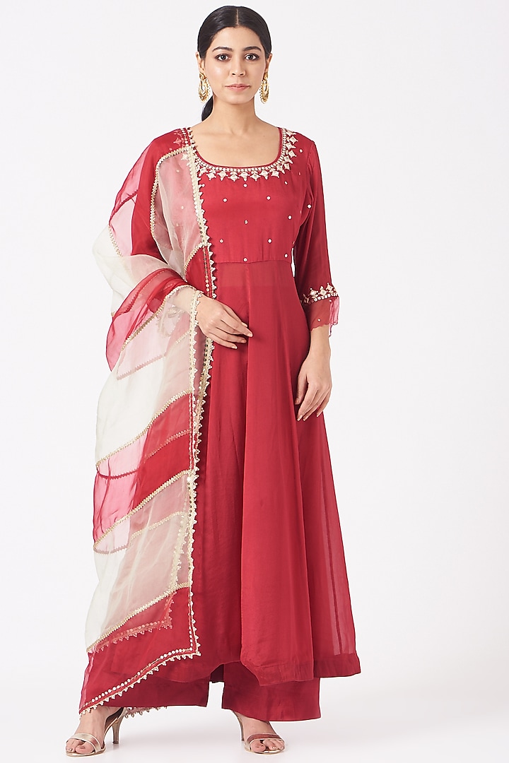 Cherry Red Mirror Embroidered Anarkali Set by Ivory by dipika