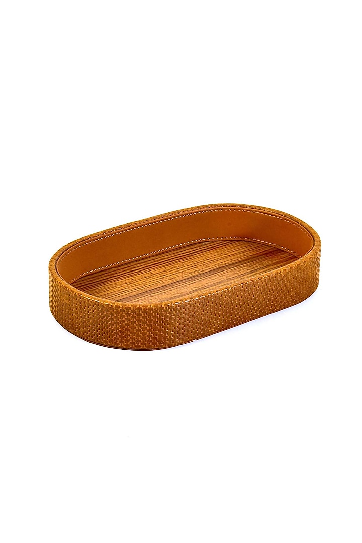 Tan Leatherette & Wood Textured Towel Tray by ICHKAN