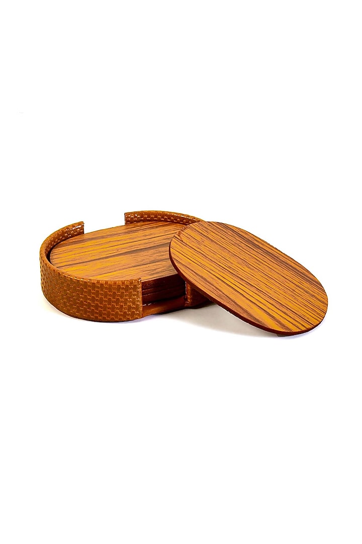 Tan Leatherette & Wood Textured Coaster Set (Set of 6) by ICHKAN