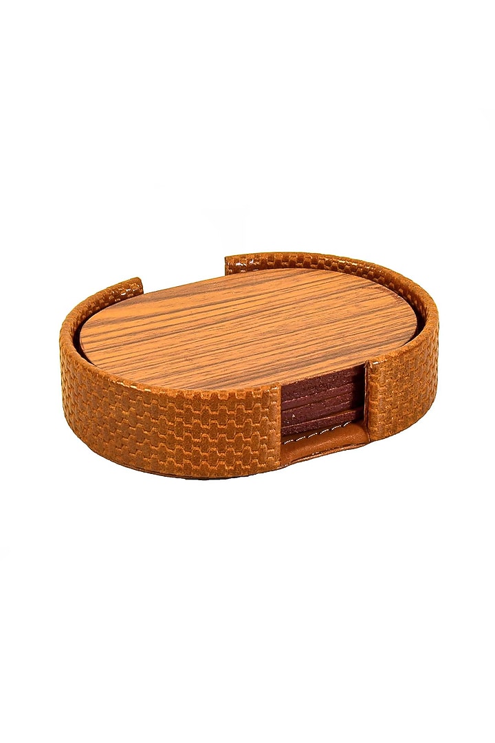 Tan Leatherette & Wood Textured Coaster Set (Set of 6) by ICHKAN at Pernia's Pop Up Shop