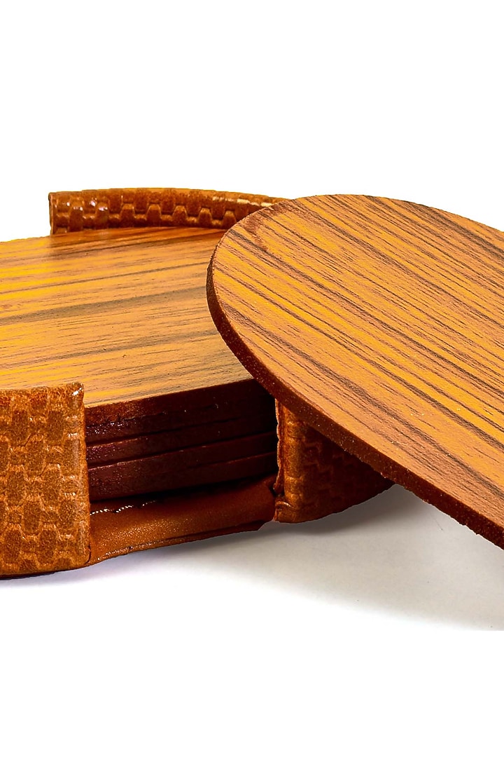 Tan Leatherette & Wood Textured Coaster Set (Set of 6) by ICHKAN at Pernia's Pop Up Shop