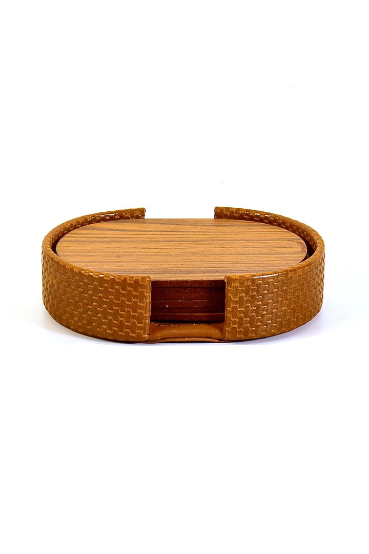 Tan Leatherette & Wood Textured Coaster Set (Set of 6) by ICHKAN at Pernia's Pop Up Shop