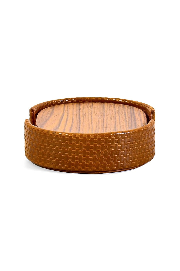 Tan Leatherette & Wood Textured Coaster Set (Set of 6) by ICHKAN at Pernia's Pop Up Shop