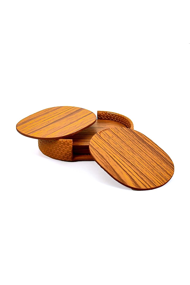 Tan Leatherette & Wood Textured Coaster Set (Set of 6) by ICHKAN at Pernia's Pop Up Shop