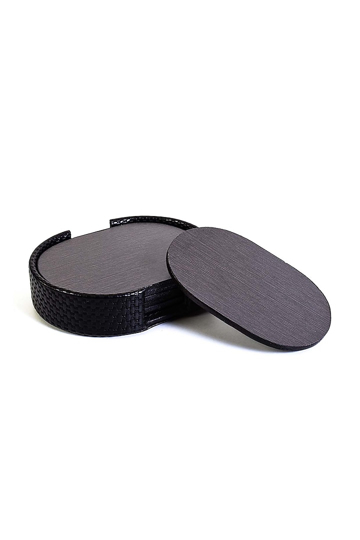 Black Leatherette & Wood Textured Coaster Set (Set of 6) by ICHKAN