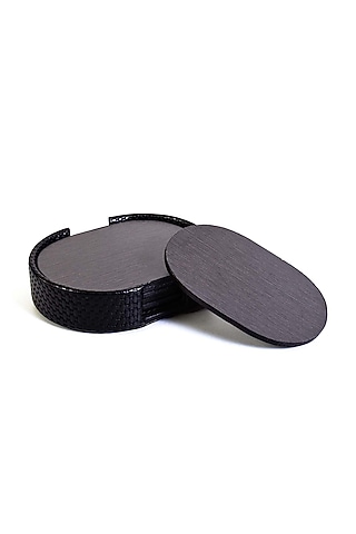 Black Leatherette & Wood Textured Coaster Set (Set of 6) by ICHKAN