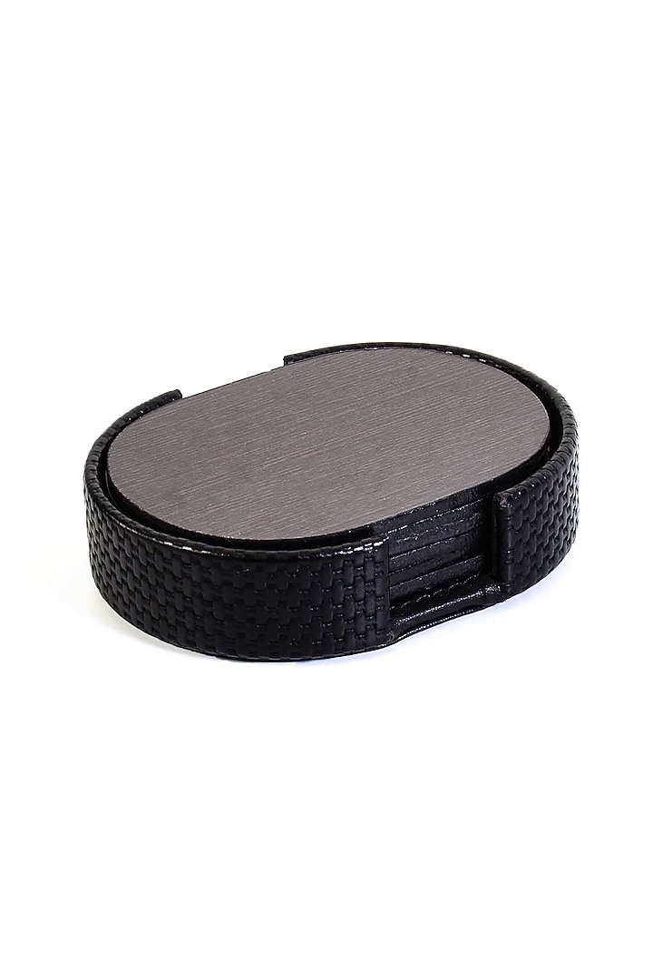 Black Leatherette & Wood Textured Coaster Set (Set of 6) by ICHKAN at Pernia's Pop Up Shop
