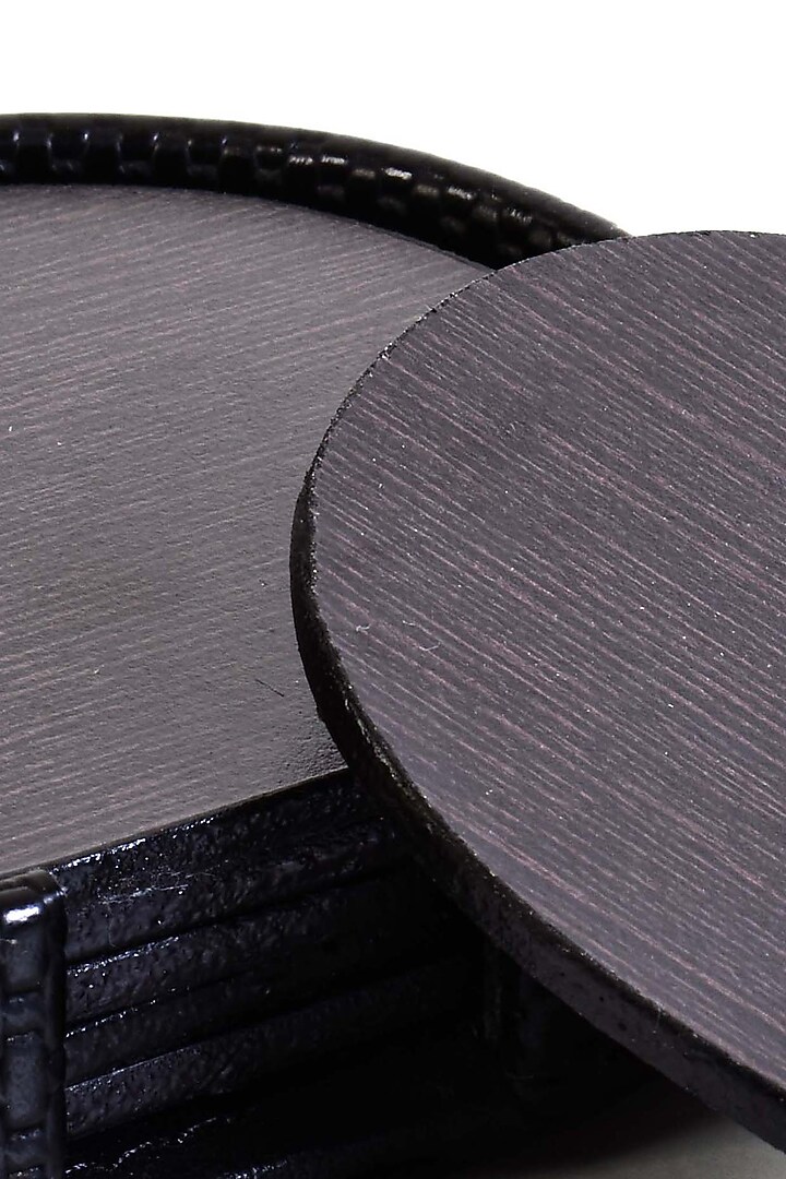Black Leatherette & Wood Textured Coaster Set (Set of 6) by ICHKAN at Pernia's Pop Up Shop