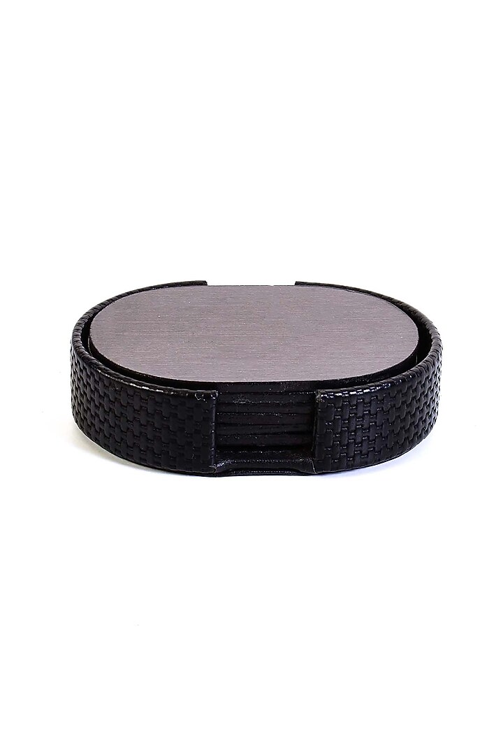 Black Leatherette & Wood Textured Coaster Set (Set of 6) by ICHKAN at Pernia's Pop Up Shop