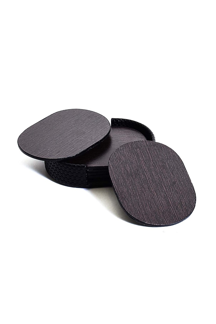 Black Leatherette & Wood Textured Coaster Set (Set of 6) by ICHKAN at Pernia's Pop Up Shop