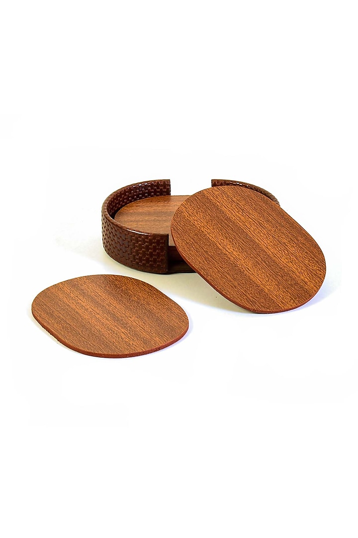 Brown Leatherette & Wood Textured Coaster Set (Set of 6) by ICHKAN