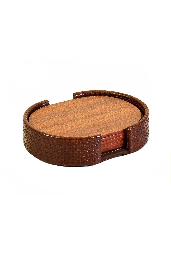 Brown Leatherette & Wood Textured Coaster Set (Set of 6) by ICHKAN at Pernia's Pop Up Shop