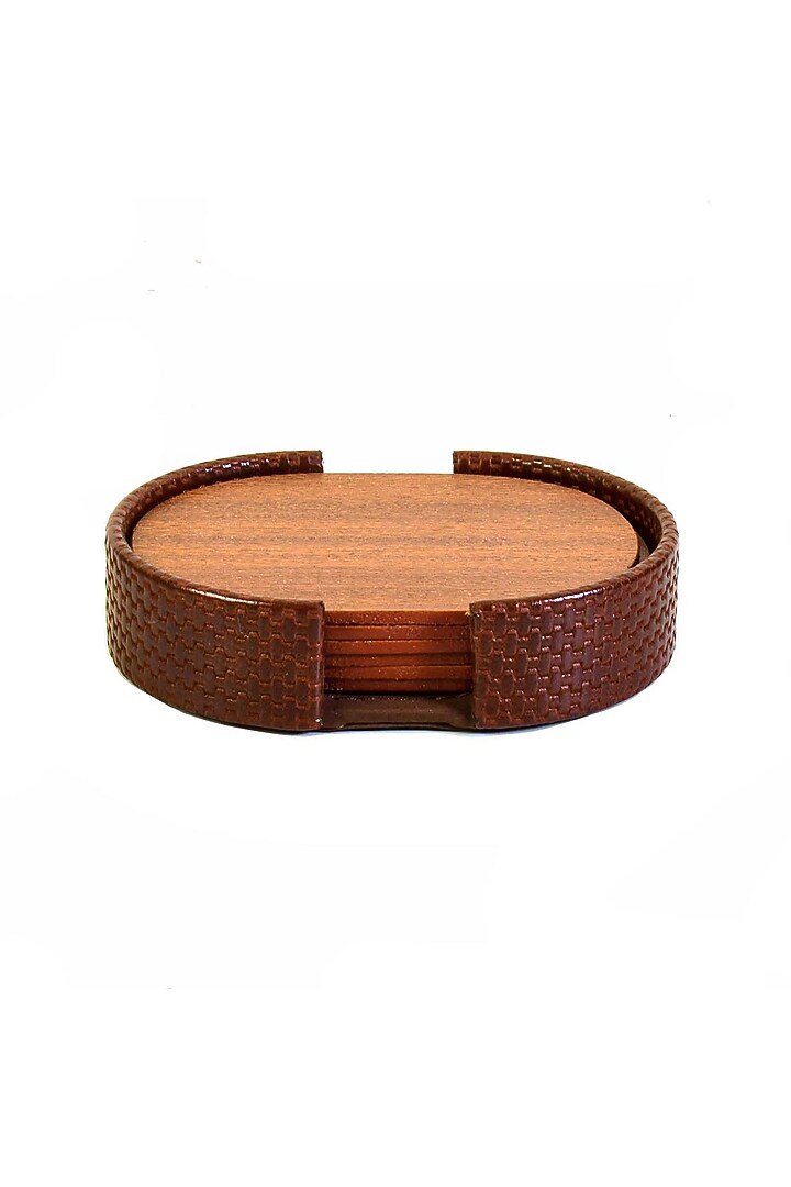 Brown Leatherette & Wood Textured Coaster Set (Set of 6) by ICHKAN at Pernia's Pop Up Shop