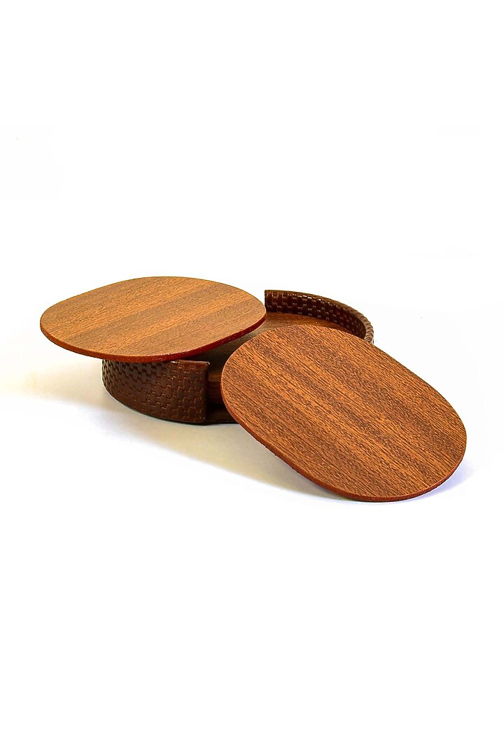 Brown Leatherette & Wood Textured Coaster Set (Set of 6) by ICHKAN at Pernia's Pop Up Shop