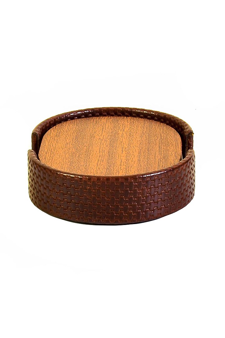 Brown Leatherette & Wood Textured Coaster Set (Set of 6) by ICHKAN at Pernia's Pop Up Shop