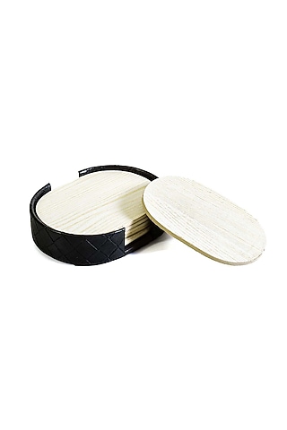 Grey Leatherette & Wood Textured Coaster Set (Set of 6) by ICHKAN