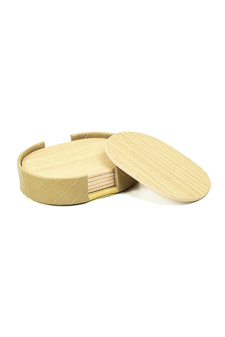 Ivory Leatherette & Wood Textured Coaster Set (Set of 6) by ICHKAN