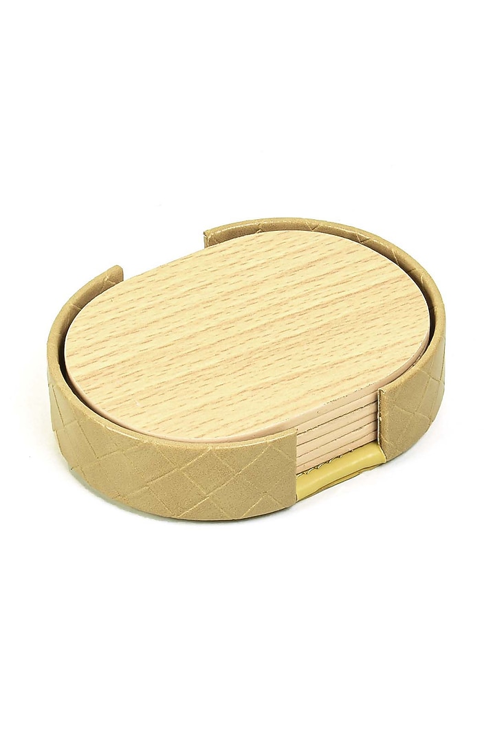 Ivory Leatherette & Wood Textured Coaster Set (Set of 6) by ICHKAN at Pernia's Pop Up Shop