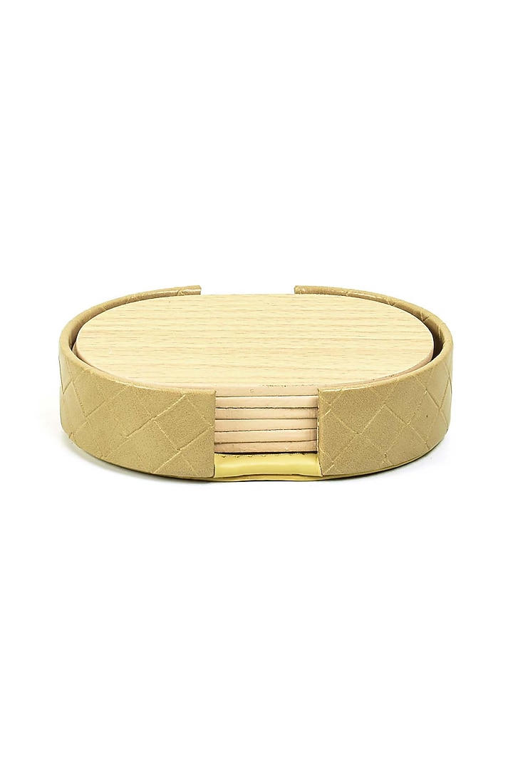 Ivory Leatherette & Wood Textured Coaster Set (Set of 6) by ICHKAN at Pernia's Pop Up Shop