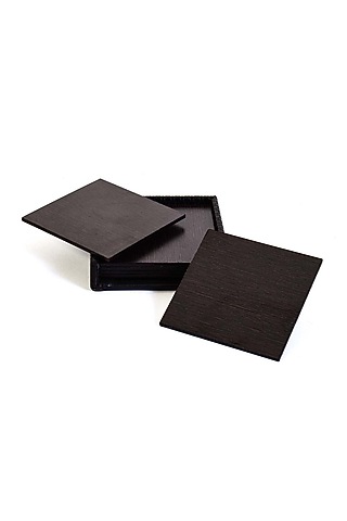 Black Faux Leather & Wood Square Coaster (Set of 6) by ICHKAN