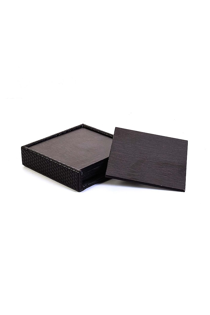Black Faux Leather & Wood Square Coaster (Set of 6) by ICHKAN at Pernia's Pop Up Shop