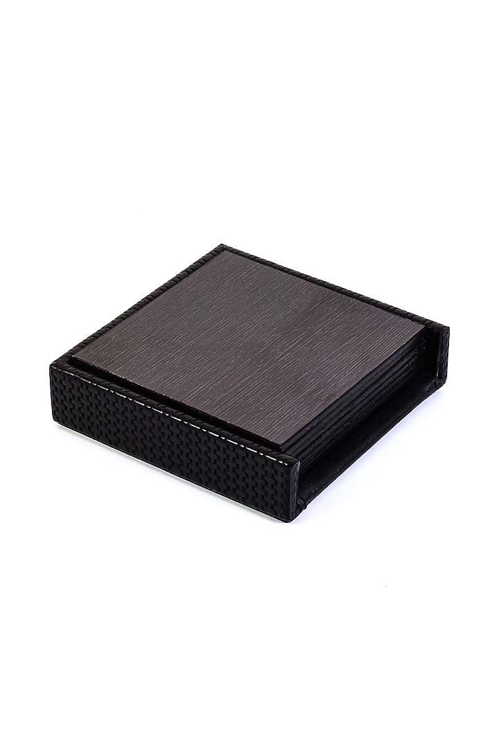 Black Faux Leather & Wood Square Coaster (Set of 6) by ICHKAN at Pernia's Pop Up Shop