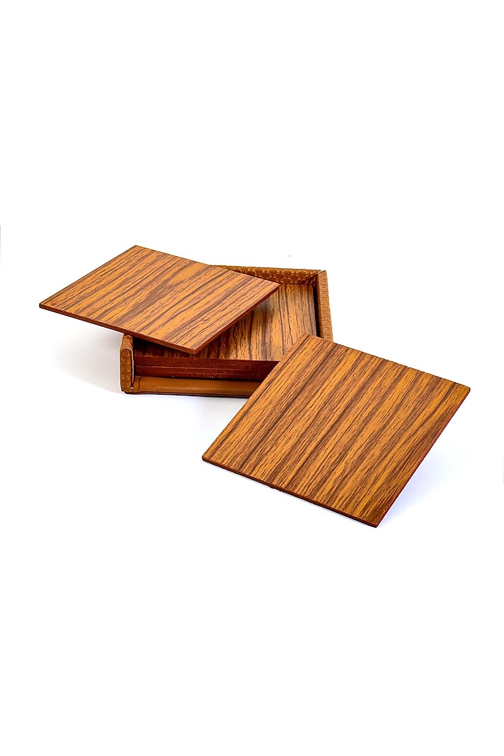 Tan Faux Leather & Wood Square Coaster (Set of 6) by ICHKAN