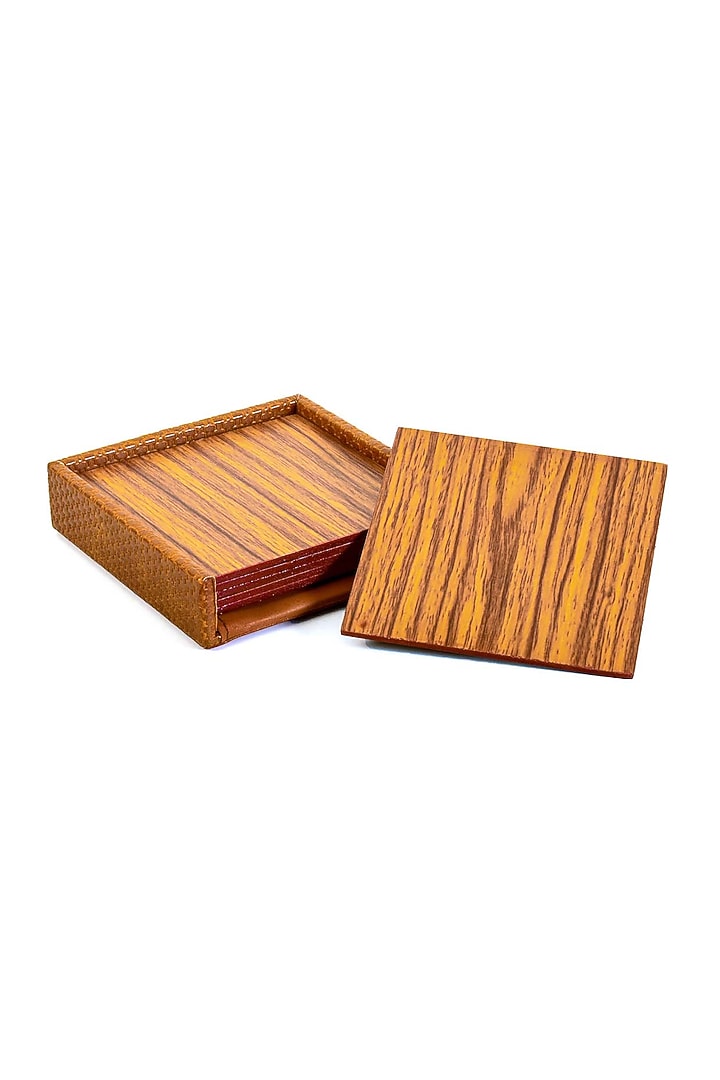 Tan Faux Leather & Wood Square Coaster (Set of 6) by ICHKAN at Pernia's Pop Up Shop