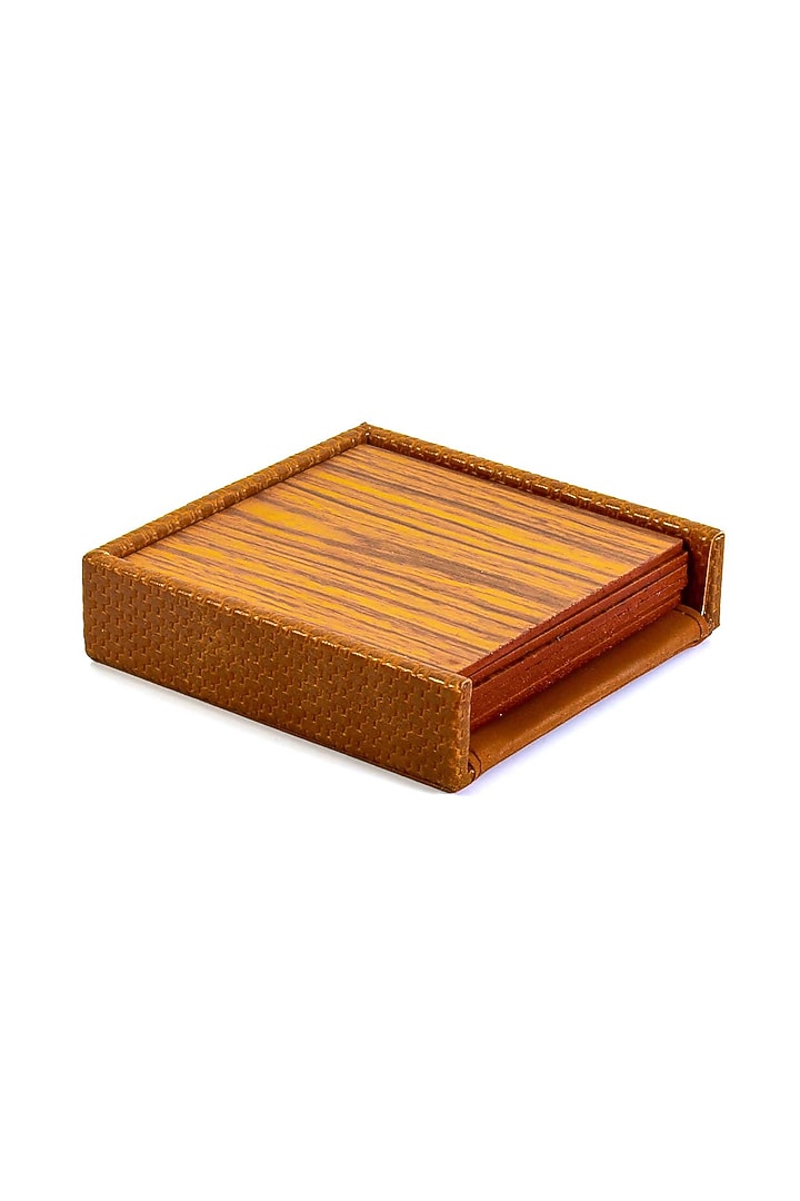 Tan Faux Leather & Wood Square Coaster (Set of 6) by ICHKAN at Pernia's Pop Up Shop