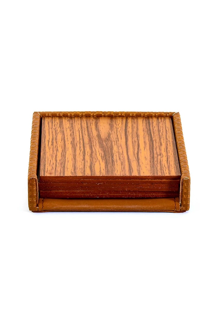 Tan Faux Leather & Wood Square Coaster (Set of 6) by ICHKAN at Pernia's Pop Up Shop