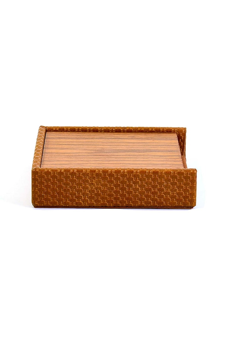 Tan Faux Leather & Wood Square Coaster (Set of 6) by ICHKAN at Pernia's Pop Up Shop