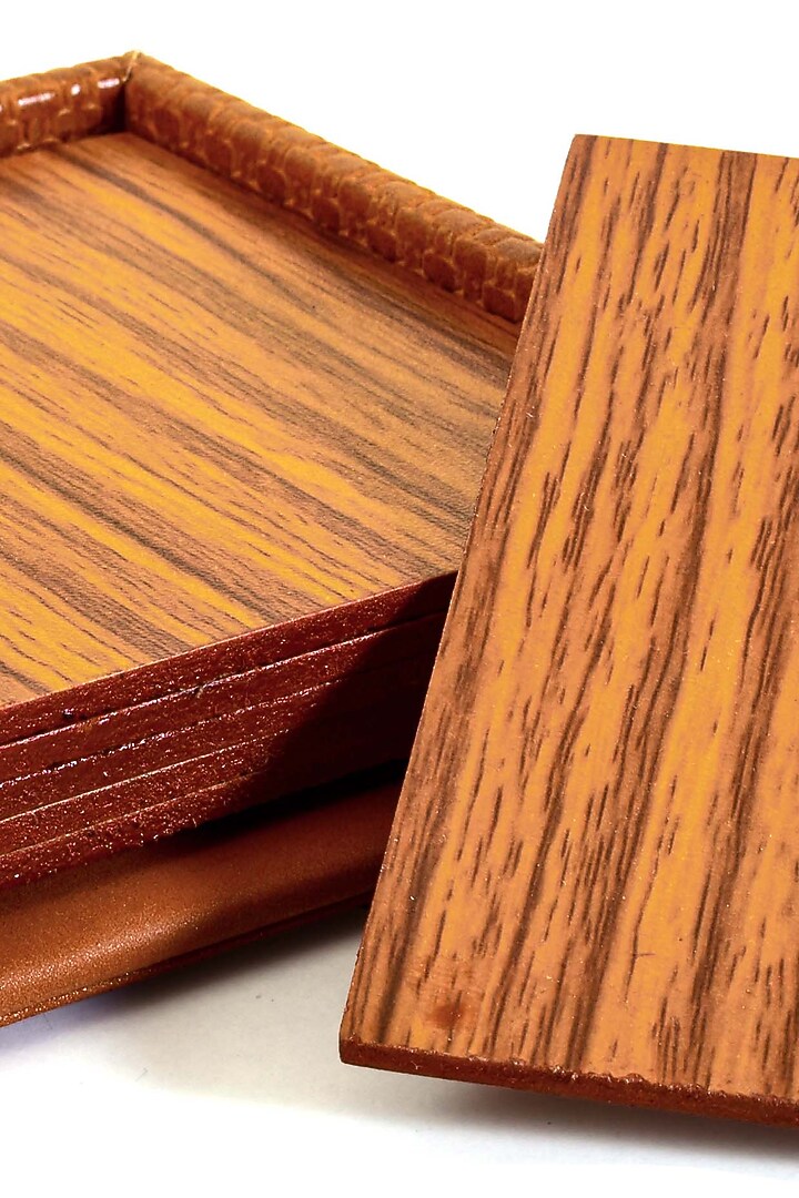 Tan Faux Leather & Wood Square Coaster (Set of 6) by ICHKAN at Pernia's Pop Up Shop